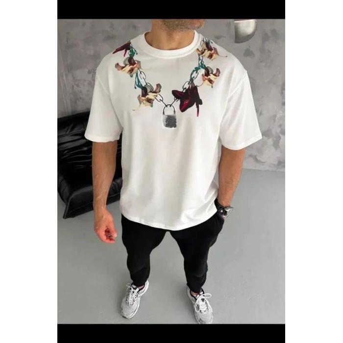 Erkek Baskılı Thirt Kısa Kol Bisiklet Yaka Regular Fit Rahat Kalıp Günlük Tişört  Beyaz