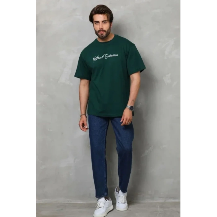 Erkek Baskılı Thirt Kısa Kol Bisiklet Yaka Regular Fit Rahat Kalıp Günlük Tişört  Çağla Yeşili