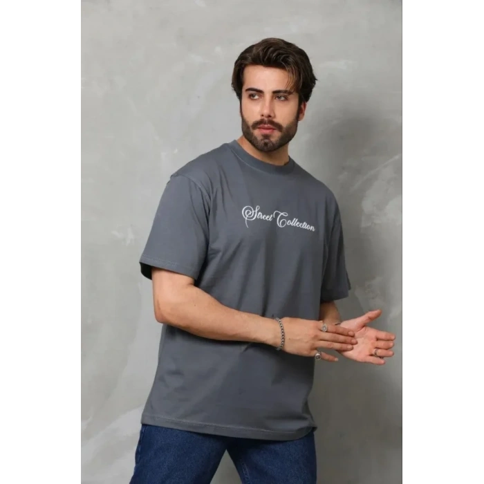 Erkek Baskılı Thirt Kısa Kol Bisiklet Yaka Regular Fit Rahat Kalıp Günlük Tişört  Füme