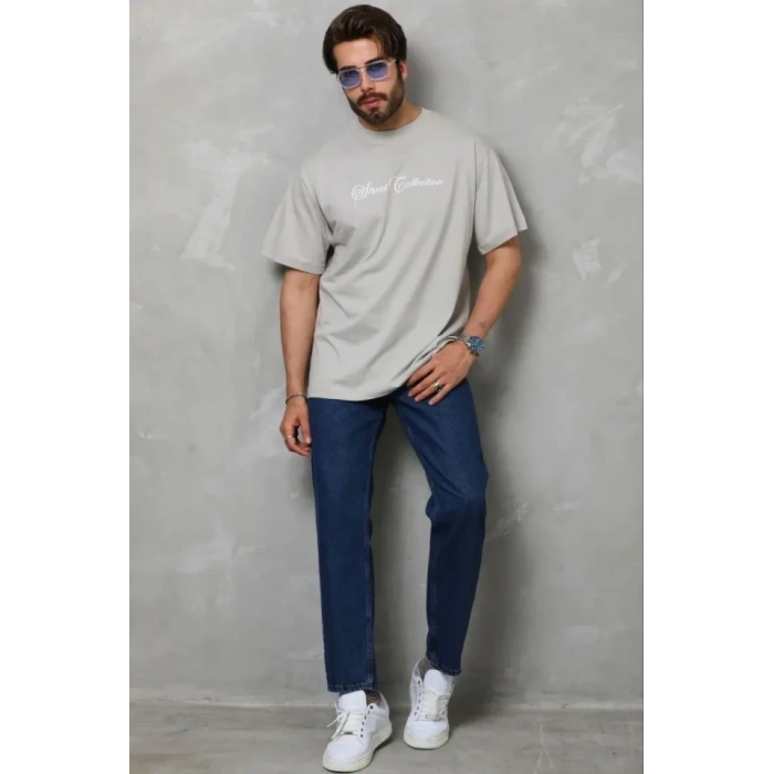 Erkek Baskılı Thirt Kısa Kol Bisiklet Yaka Regular Fit Rahat Kalıp Günlük Tişört  Gri
