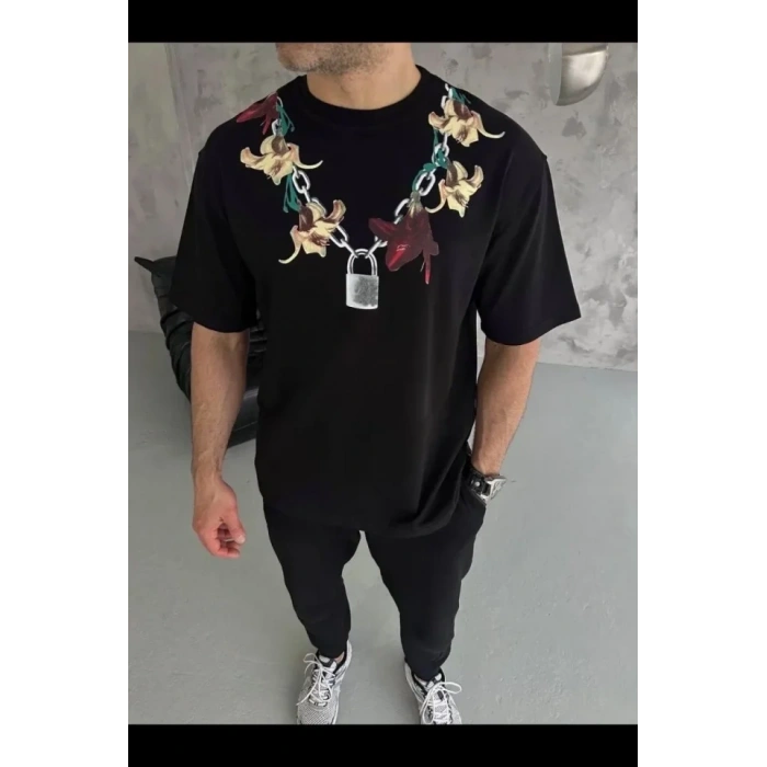 Erkek Baskılı Thirt Kısa Kol Bisiklet Yaka Regular Fit Rahat Kalıp Günlük Tişört  iyah