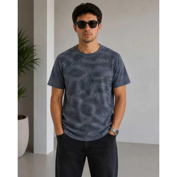 Erkek Batik Desenli Tişört Bisiklet Yaka Kısa Kol Regular Fit Tshirt  Füme