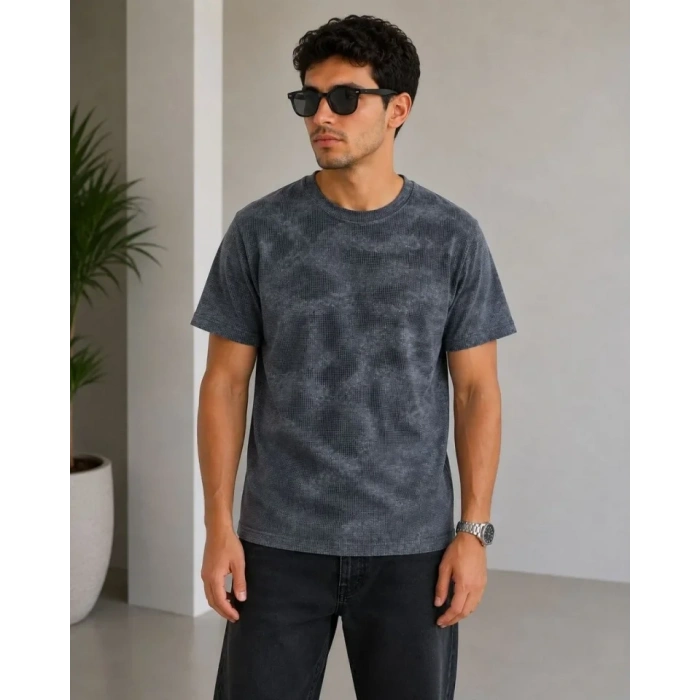 Erkek Batik Desenli Tişört Bisiklet Yaka Kısa Kol Regular Fit Tshirt  Füme
