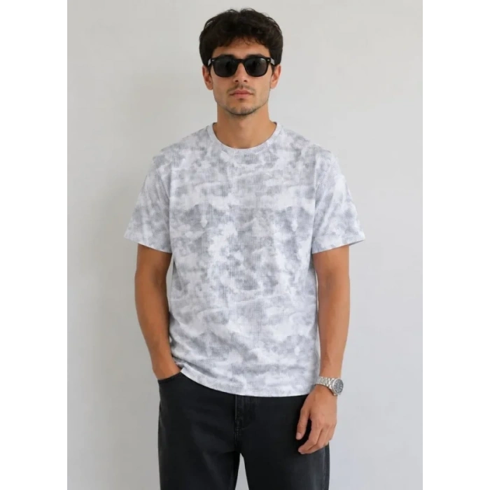 Erkek Batik Desenli Tişört Bisiklet Yaka Kısa Kol Regular Fit Tshirt  Gri