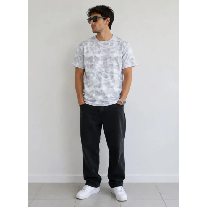 Erkek Batik Desenli Tişört Bisiklet Yaka Kısa Kol Regular Fit Tshirt  Gri