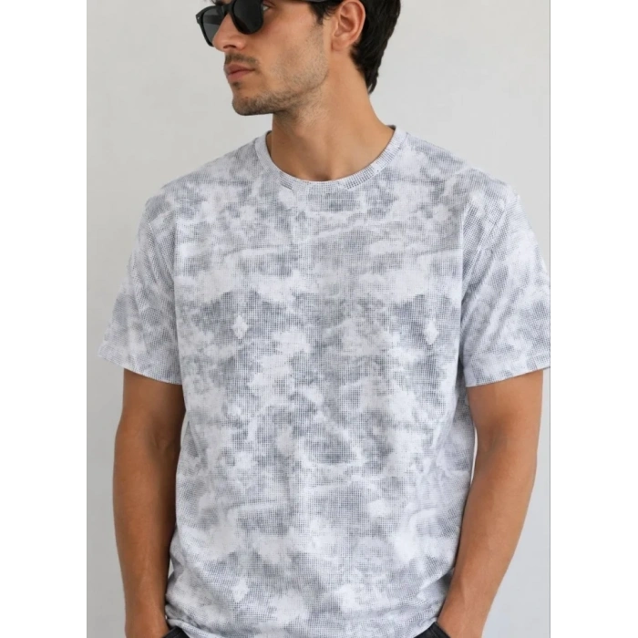Erkek Batik Desenli Tişört Bisiklet Yaka Kısa Kol Regular Fit Tshirt  Gri