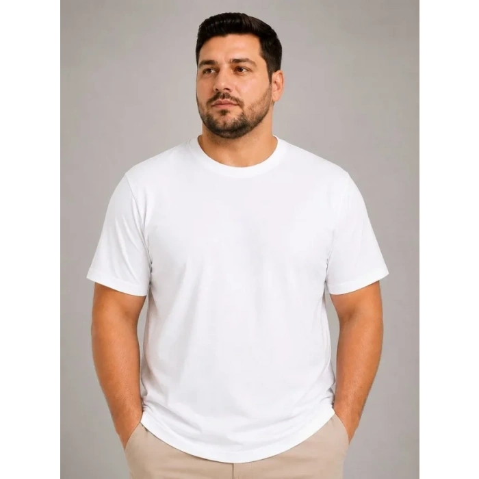 Erkek Battal Big Size Basic Tişört Bisiklet Yaka Rahat Kalıp TShirt  Beyaz