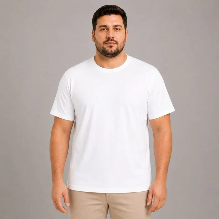 Erkek Battal Big Size Basic Tişört Bisiklet Yaka Rahat Kalıp TShirt  Beyaz