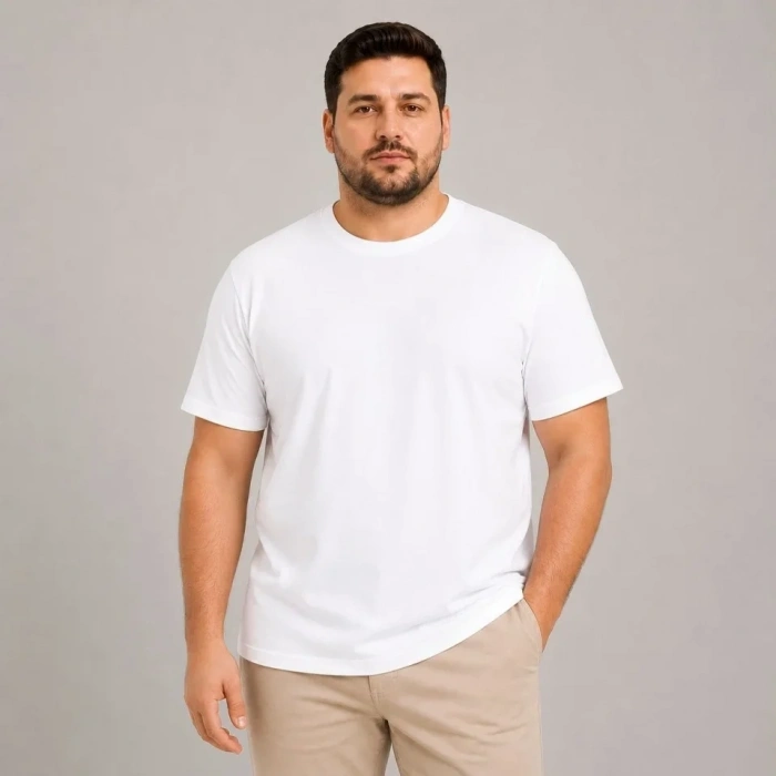 Erkek Battal Big Size Basic Tişört Bisiklet Yaka Rahat Kalıp TShirt  Beyaz