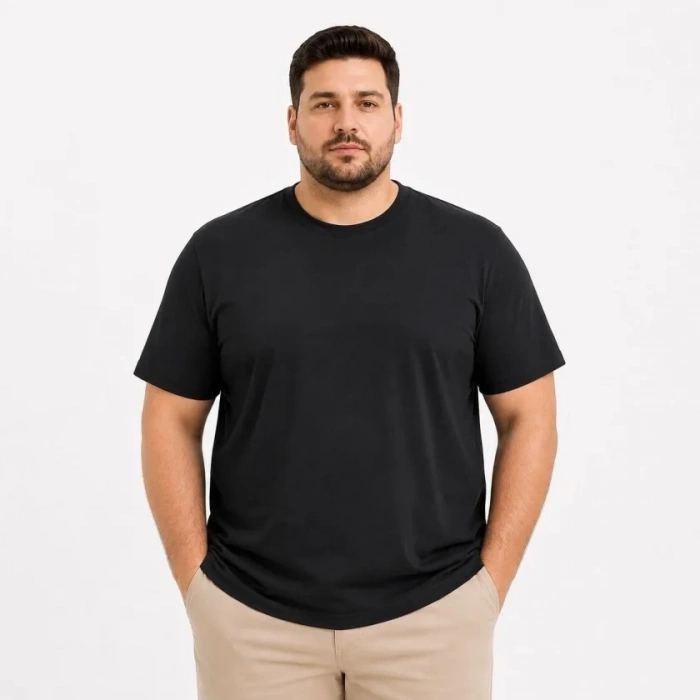 Erkek Battal Big Size Basic Tişört Bisiklet Yaka Rahat Kalıp TShirt  Siyah