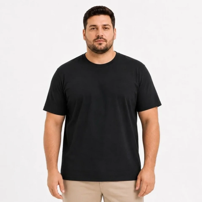 Erkek Battal Big Size Basic Tişört Bisiklet Yaka Rahat Kalıp TShirt  Siyah
