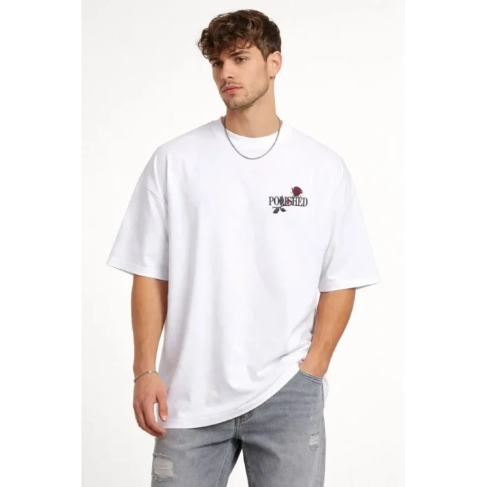 Erkek Bisiklet Yaka Baskılı Kısa Kollu Tişört treetwear Günlük Basic Pamuklu Tshirt  Beyaz