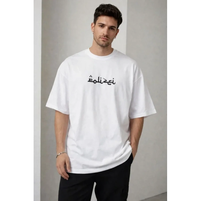 Erkek Bisiklet Yaka Baskılı Kısa Kollu Tişört treetwear Günlük Basic Pamuklu Tshirt  Beyaz