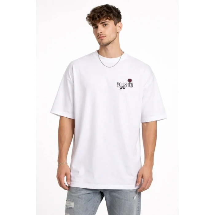 Erkek Bisiklet Yaka Baskılı Kısa Kollu Tişört treetwear Günlük Basic Pamuklu Tshirt  Beyaz