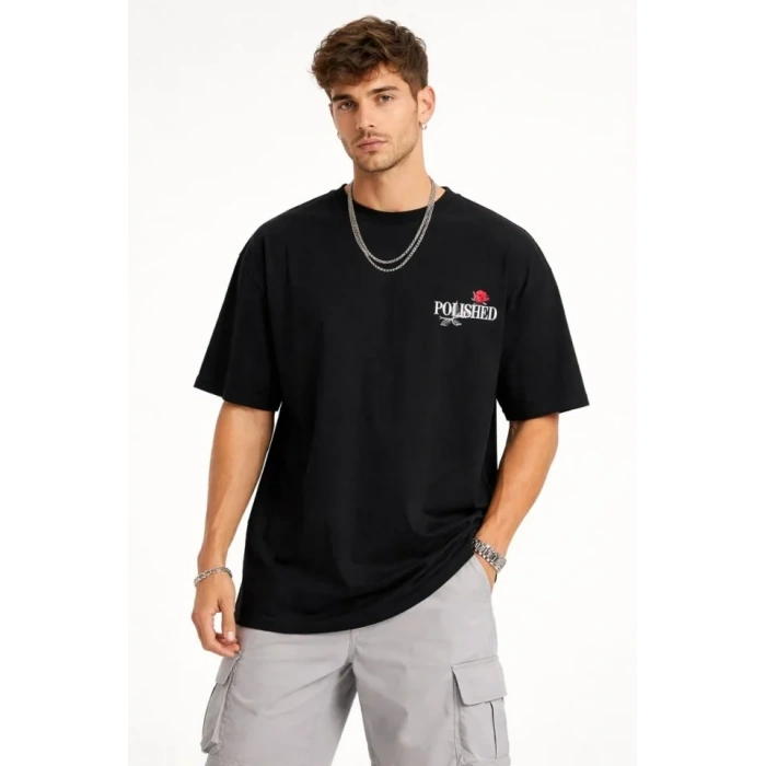 Erkek Bisiklet Yaka Baskılı  Kısa Kollu Tişört treetwear Günlük Basic Pamuklu Tshirt  iyah