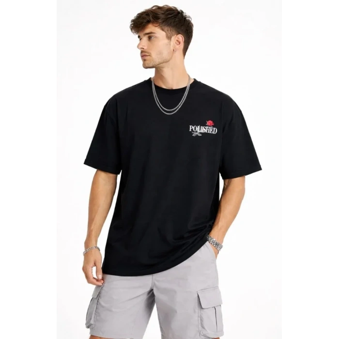 Erkek Bisiklet Yaka Baskılı  Kısa Kollu Tişört treetwear Günlük Basic Pamuklu Tshirt  iyah