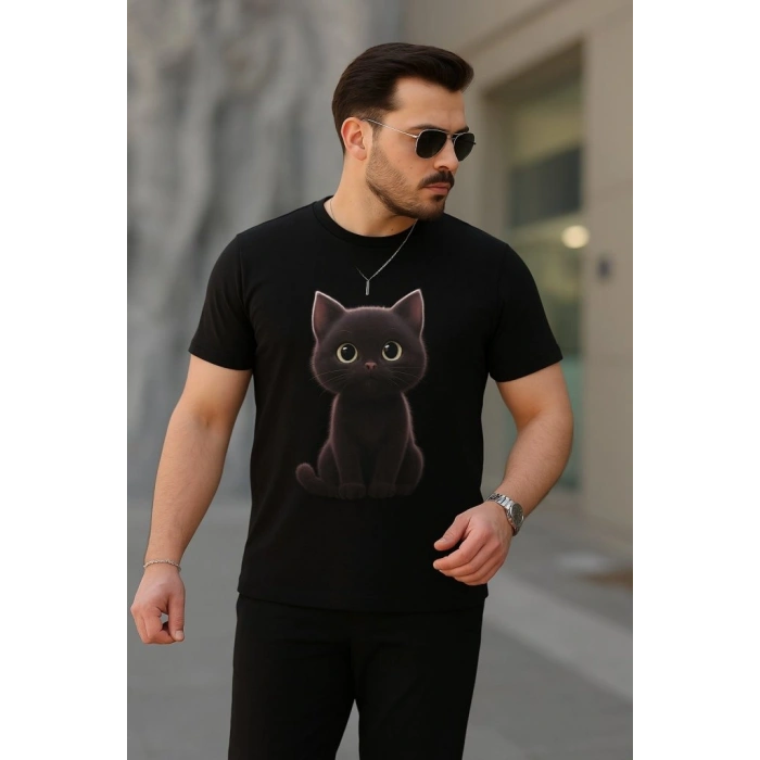 Erkek Bisiklet Yaka Kedi Baskılı Süprem Tshirt