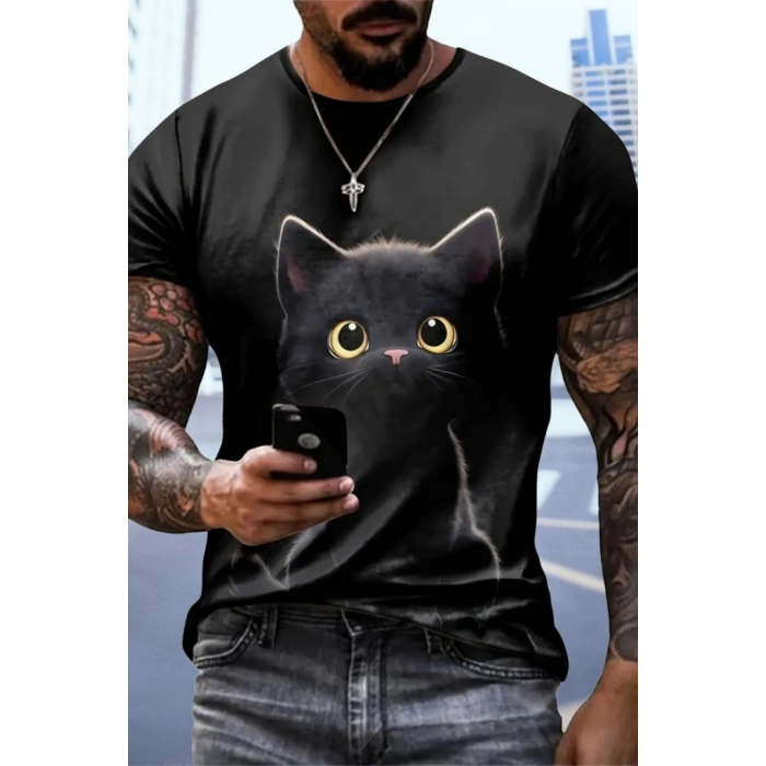 Erkek Bisiklet Yaka Kedi Baskılı Süprem Tshirt