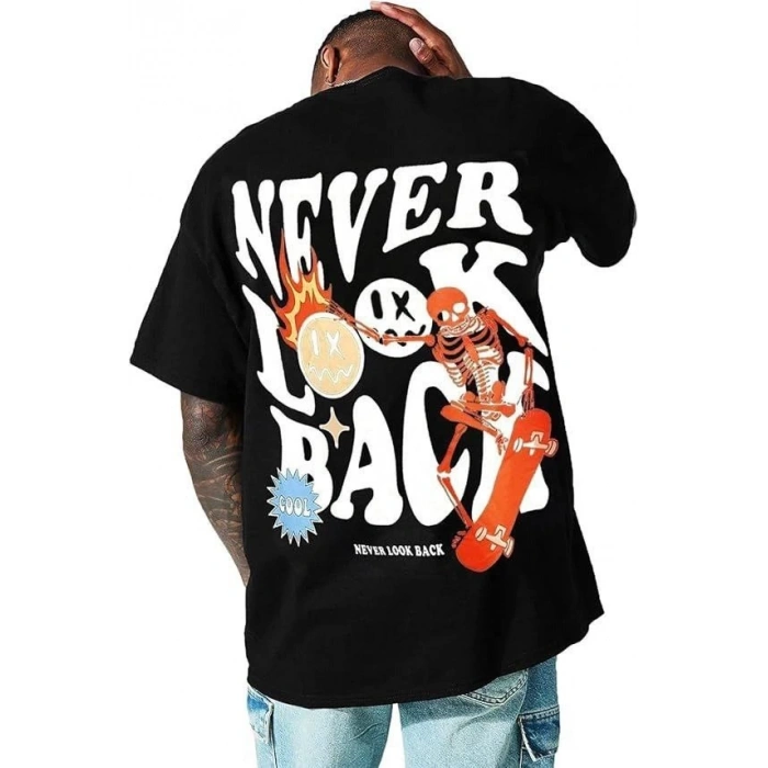 Erkek Bisiklet Yaka Kısa Kol Baskılı Tshirt  iyah