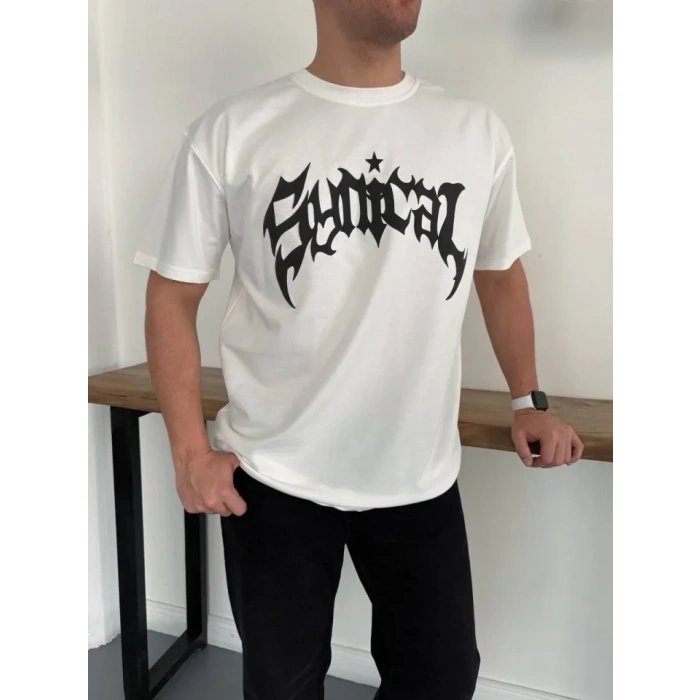 Erkek Bisiklet Yaka Ön Baskılı Kısa Kollu Tişört treetwear Günlük Basic Pamuklu Tshirt  Beyaz