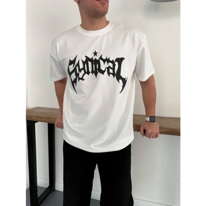 Erkek Bisiklet Yaka Ön Baskılı Kısa Kollu Tişört treetwear Günlük Basic Pamuklu Tshirt  Beyaz