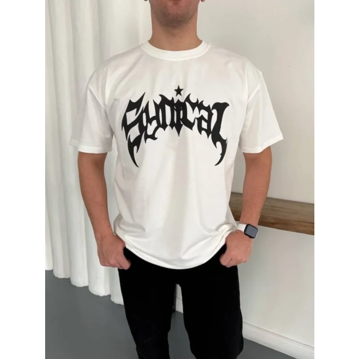 Erkek Bisiklet Yaka Ön Baskılı Kısa Kollu Tişört treetwear Günlük Basic Pamuklu Tshirt  Beyaz