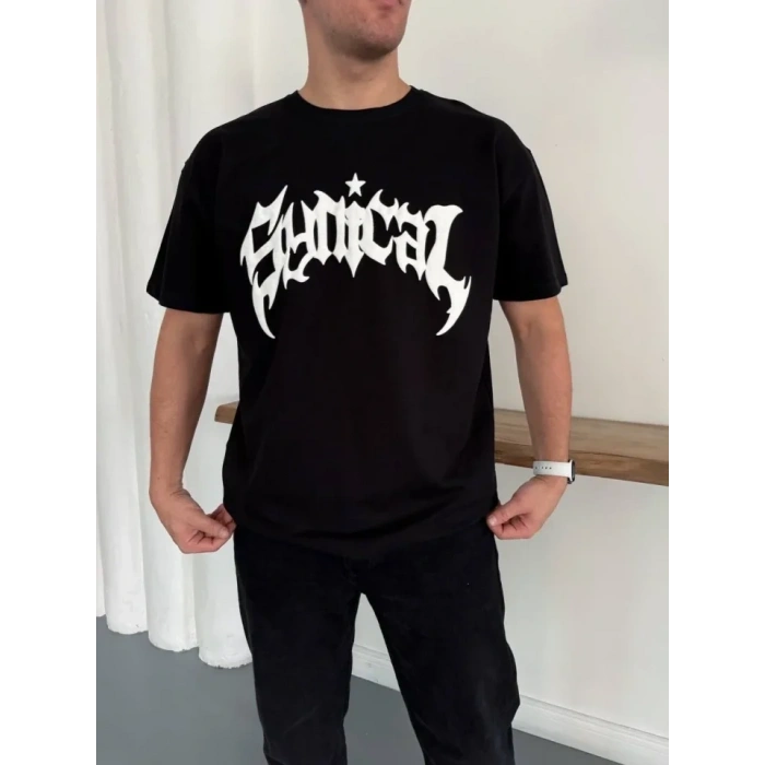 Erkek Bisiklet Yaka Ön Baskılı  Kısa Kollu Tişört treetwear Günlük Basic Pamuklu Tshirt  iyah