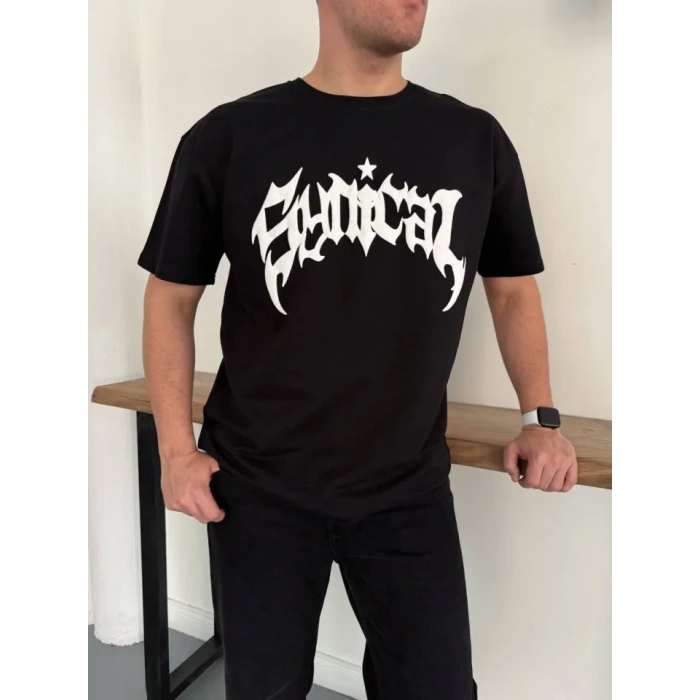 Erkek Bisiklet Yaka Ön Baskılı  Kısa Kollu Tişört treetwear Günlük Basic Pamuklu Tshirt  iyah