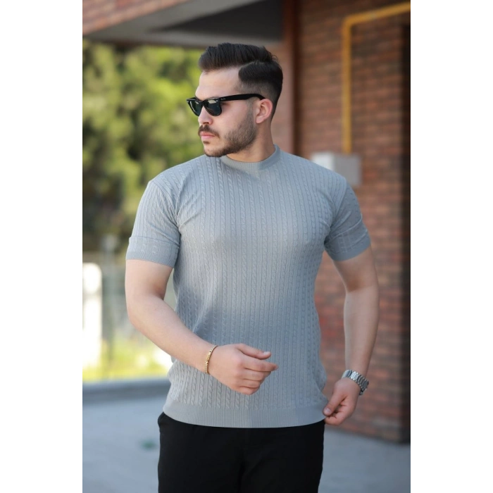 Erkek Bisiklet Yaka örgü Desenli Kısa örme Triko Kısa Kollu Tshirt