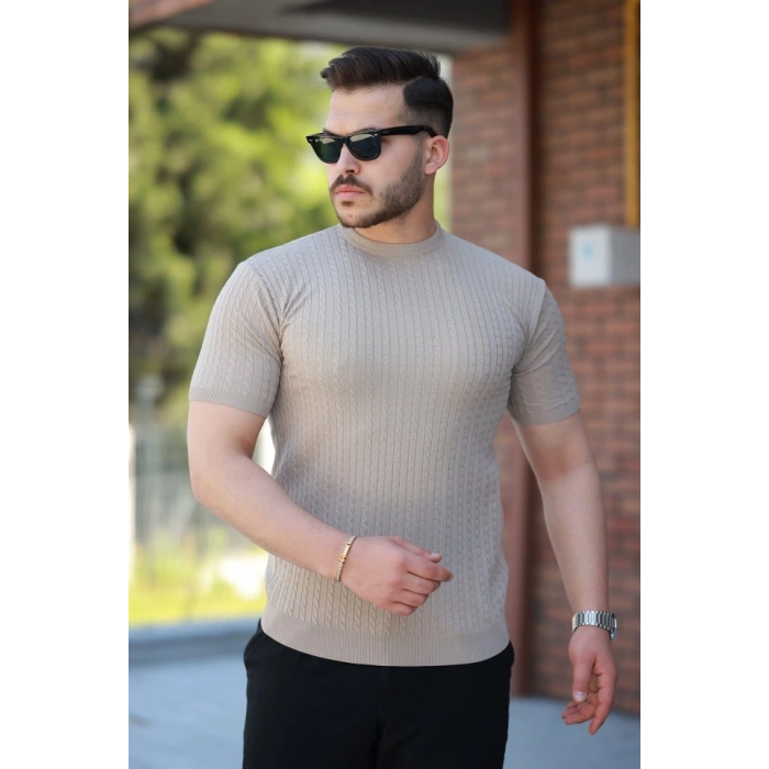 Erkek Bisiklet Yaka örgü Desenli Kısa örme Triko Kısa Kollu Tshirt
