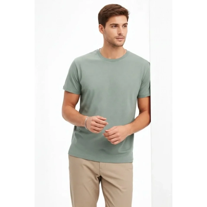 Erkek Bisiklet Yaka Tişört Regular Kalıp Basic Pamuklu Günlük Kullanım Tshirt  int Yeşili