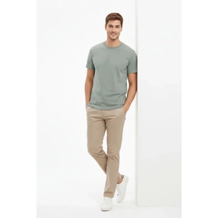 Erkek Bisiklet Yaka Tişört Regular Kalıp Basic Pamuklu Günlük Kullanım Tshirt  int Yeşili