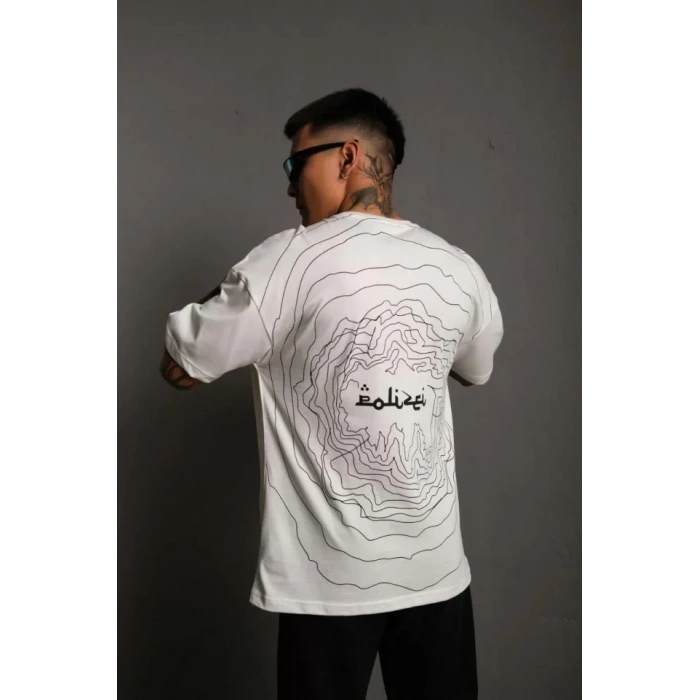 Erkek Bisiklet Yakalı ırt Baskılı Oversize Thirt  Beyaz