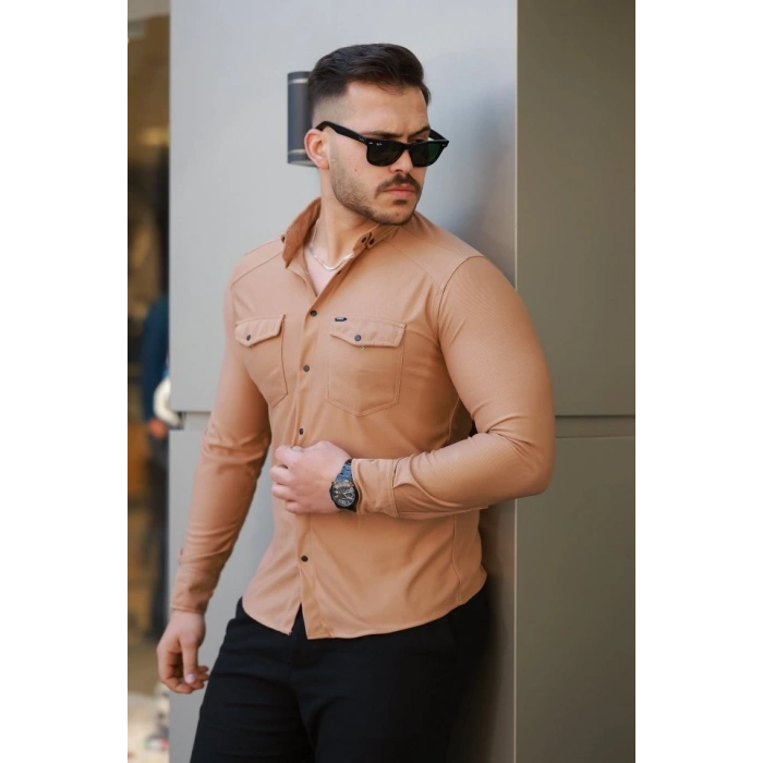 Erkek çift Cepli çıtçıt Düğmeli Uzun Kollu Gömlek
