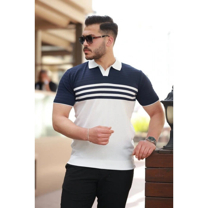 Erkek çizgi Desenli Yakalı Kısa Kollu Tshirt