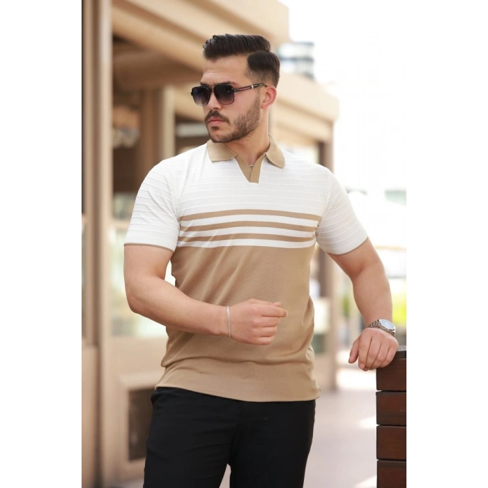Erkek çizgi Desenli Yakalı Kısa Kollu Tshirt