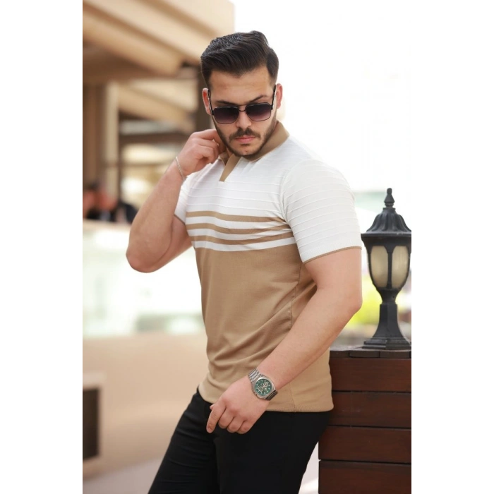 Erkek çizgi Desenli Yakalı Kısa Kollu Tshirt