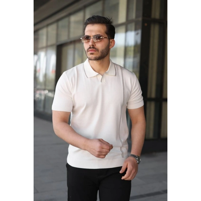 Erkek Çizgi Detaylı Yakalı Triko Tişört