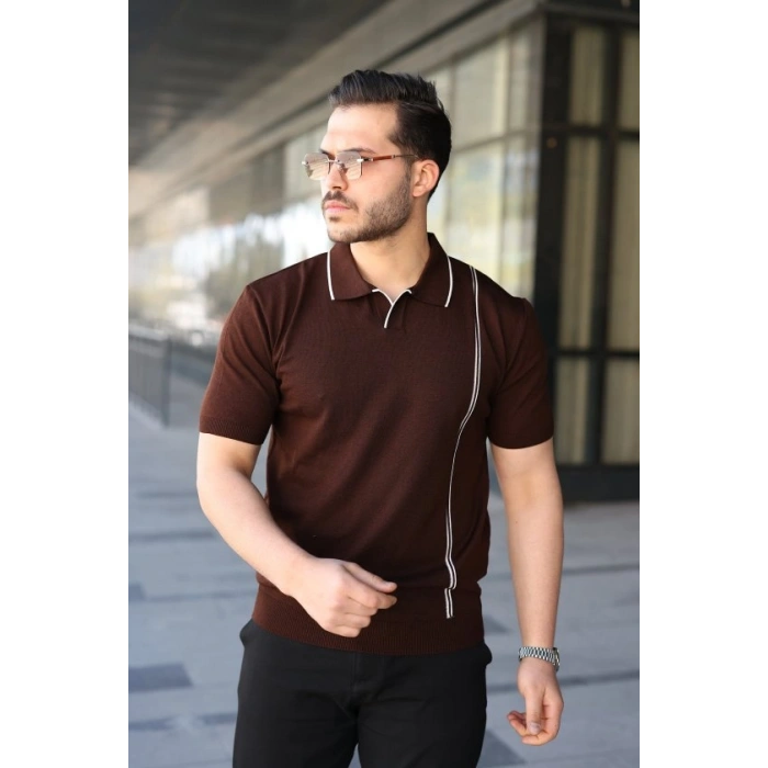 Erkek Çizgi Detaylı Yakalı Triko Tişört
