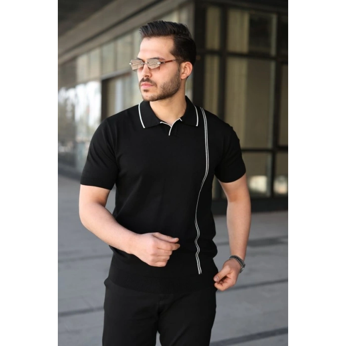 Erkek Çizgi Detaylı Yakalı Triko Tişört