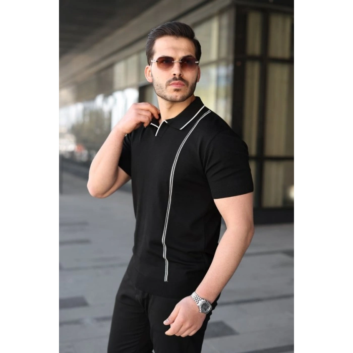 Erkek Çizgi Detaylı Yakalı Triko Tişört