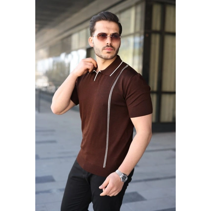 Erkek Çizgi Detaylı Yakalı Triko Tişört