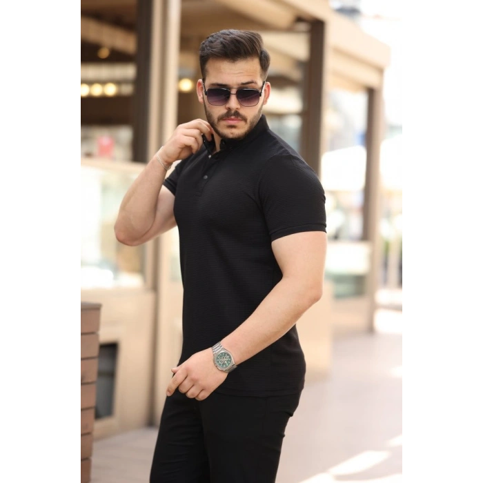 Erkek çizgi Dokulu çıtçıt Yakalı Kısa Kollu Tshirt
