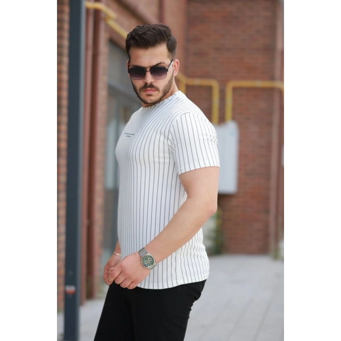 Erkek Dikey çizgili Ottoman Kumaş Kısa Kollu Tshirt
