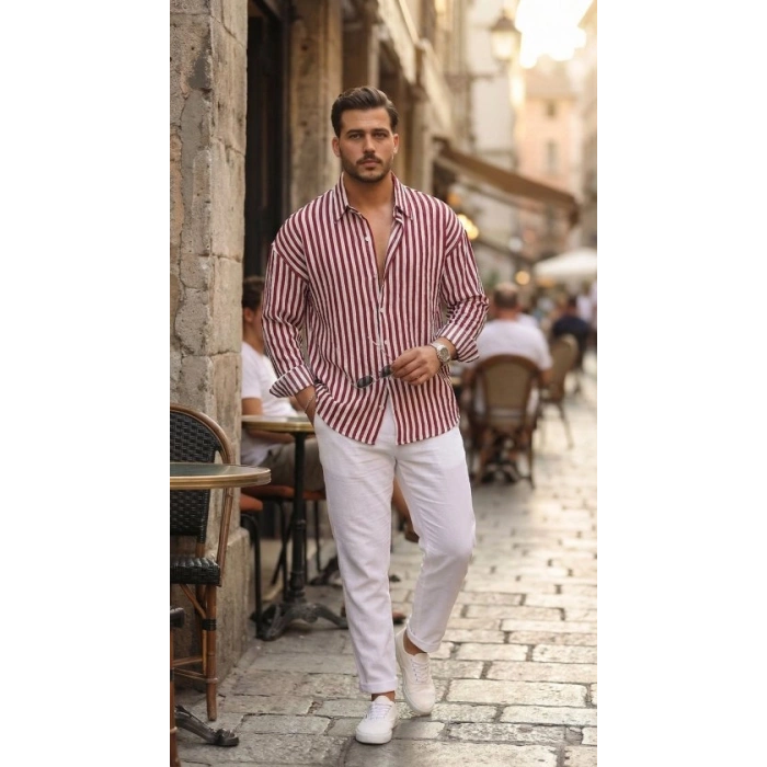 Erkek Dikey Çizgili Yarım Oversize Gömlek