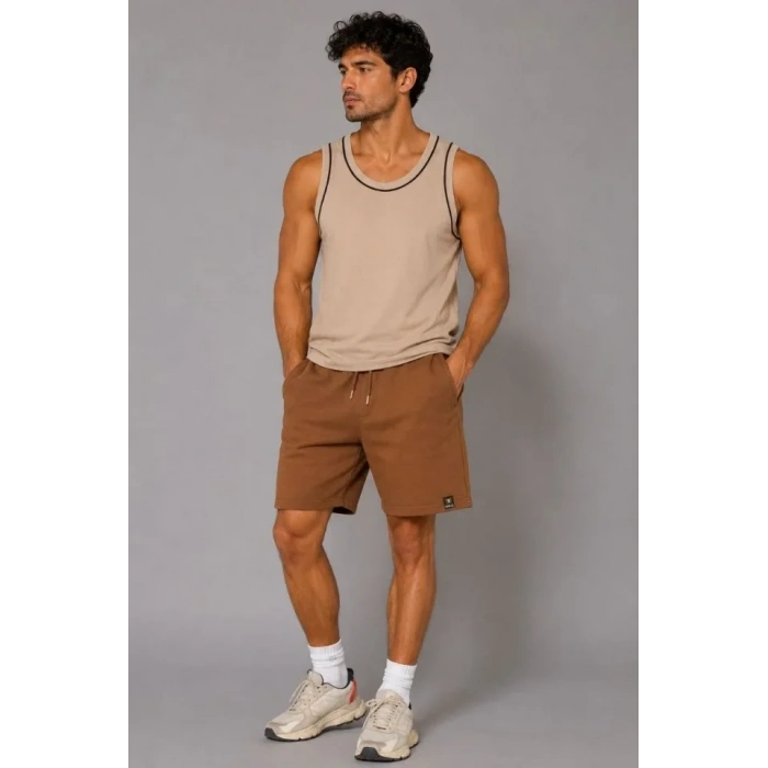 Erkek Dokuma Kumaş Cepli Bağcıklı Regular Fit Yazlık Şort  Kahverengi