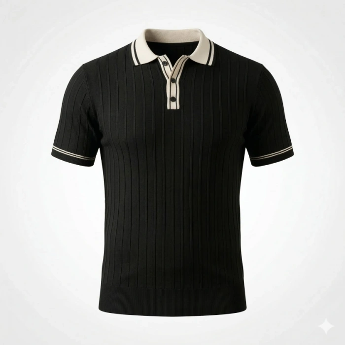 Erkek Düğme Yakalı Kontrast Yaka Triko Tişört