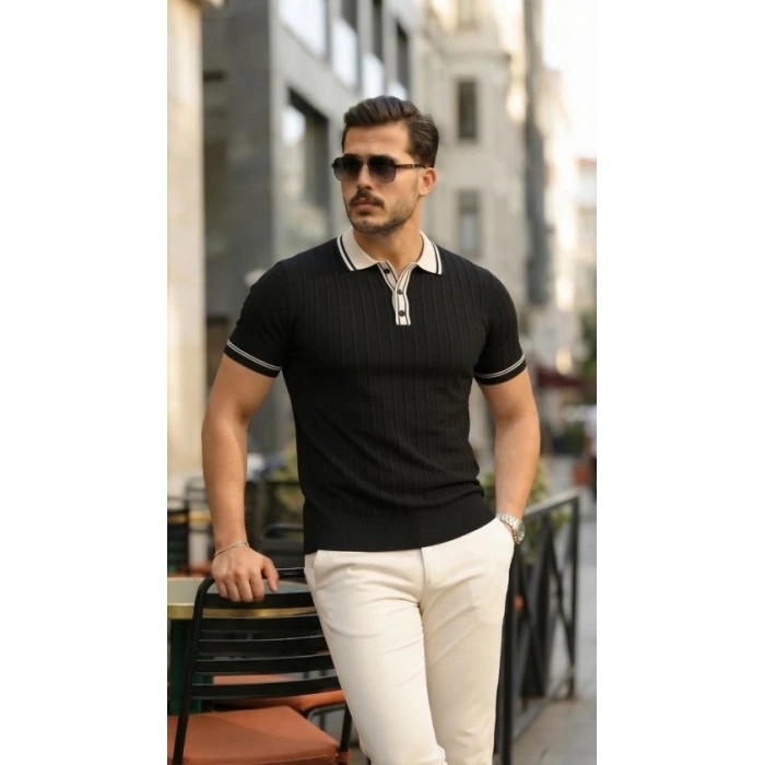 Erkek Düğme Yakalı Kontrast Yaka Triko Tişört