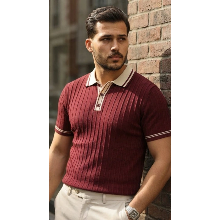 Erkek Düğme Yakalı Kontrast Yaka Triko Tişört