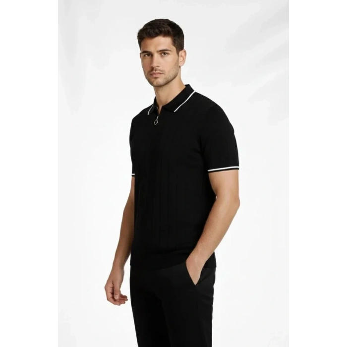Erkek Fermuarlı Yaka Fitilli Triko Kısa Kollu Regular Fit Tişört Tshirt  iyah